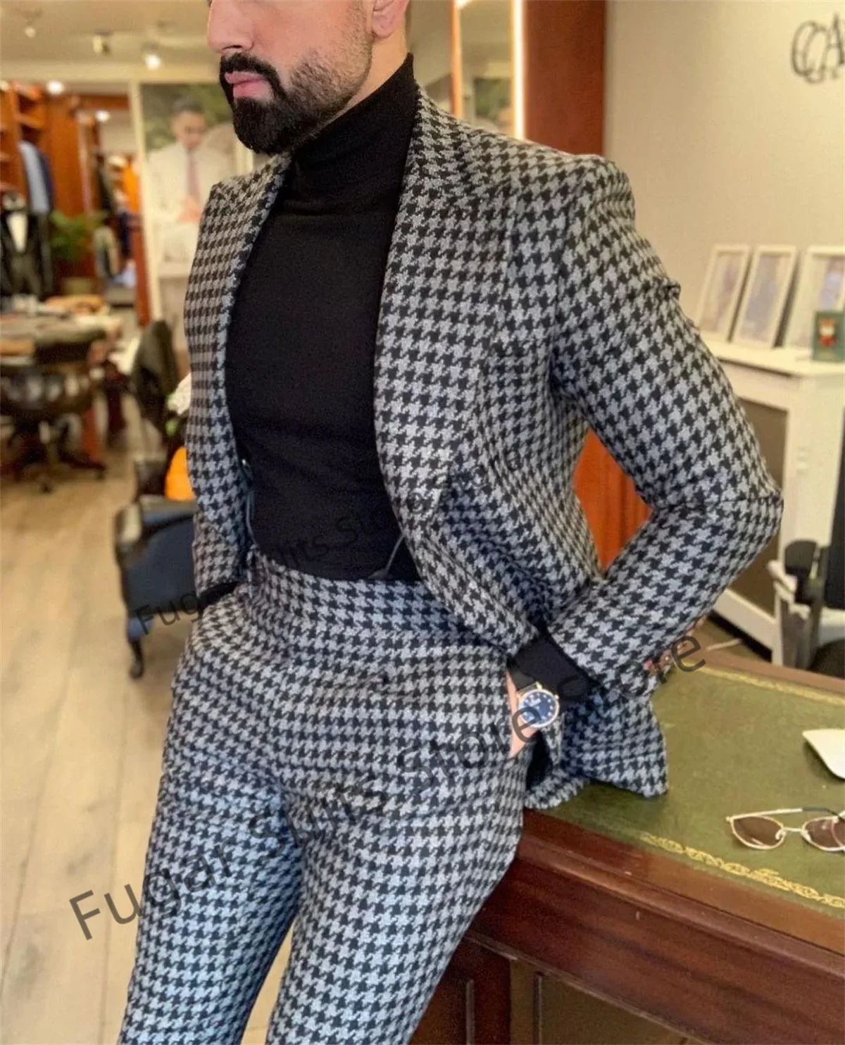 Fashion Houndstooth Wedding Suits For Men Slim Fit  Peak Lapel Groom Tuxedos Prom 2 Pieces Sets Classic Men Blazer Traje Hombre