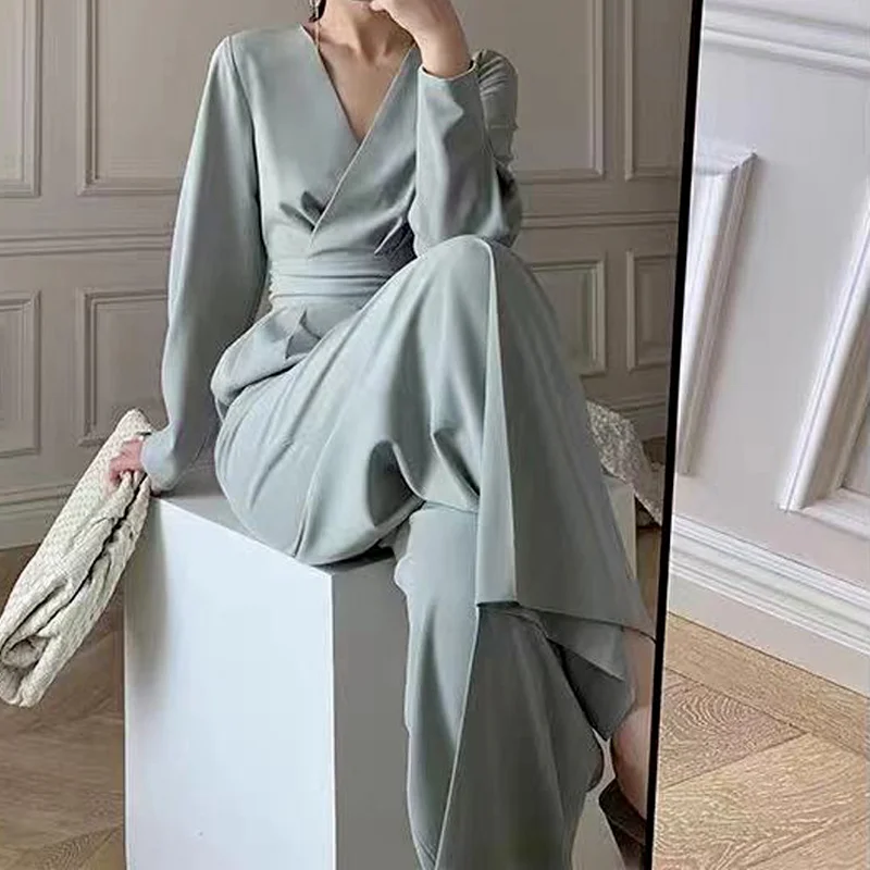 Office Ladies V-neck Full Sleeve Ladies Jumpsuit Elegant Temperament Slim Wide Leg Loose Jumpsuit Ladies Jumpsuit Spring 2023