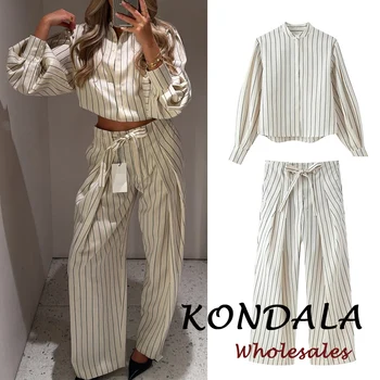 KONDALA Chic Spring Casual Striped Women Suit Single Breasted Loose Shirt+ Lace-up Wide Leg Long Pants Fashion 2026 Female Suit 1