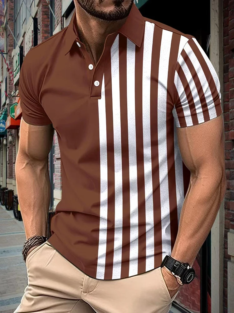 

Рубашка-поло мужская в полоску, классическая сорочка с принтом контрастных цветов, дышащий Свободный Топ с коротким рукавом для отдыха, Модный пуловер, на лето