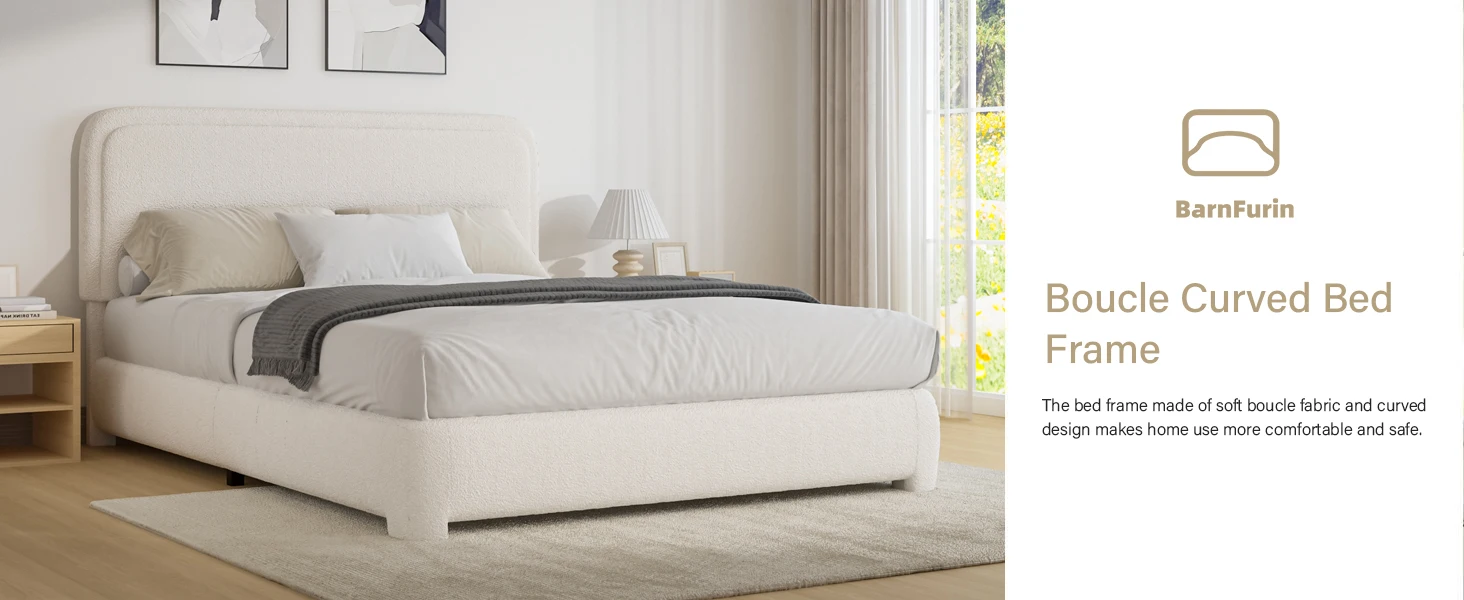 Description Picture 2 of itemQueen Size Boucle Frame Headboard,Upholstered Platform Bed with Wood Slats,Soft Rounded Corners,No Box Spring Required,