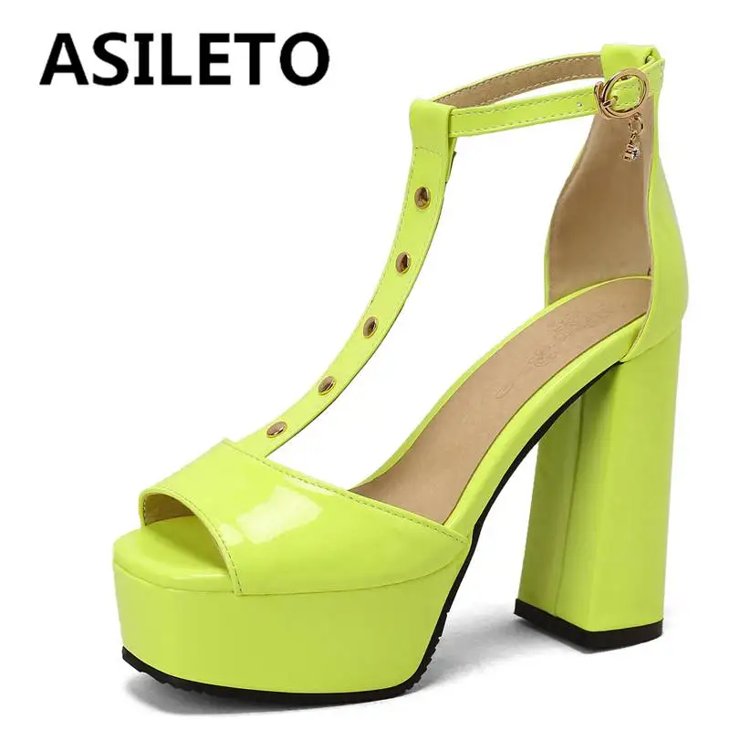 

ASILETO Women Sandals Patent Leather Open Toe T-starp Cover Chunky High Heels 12.5cm Platform 4.5cm Party Large Size 48 49 50