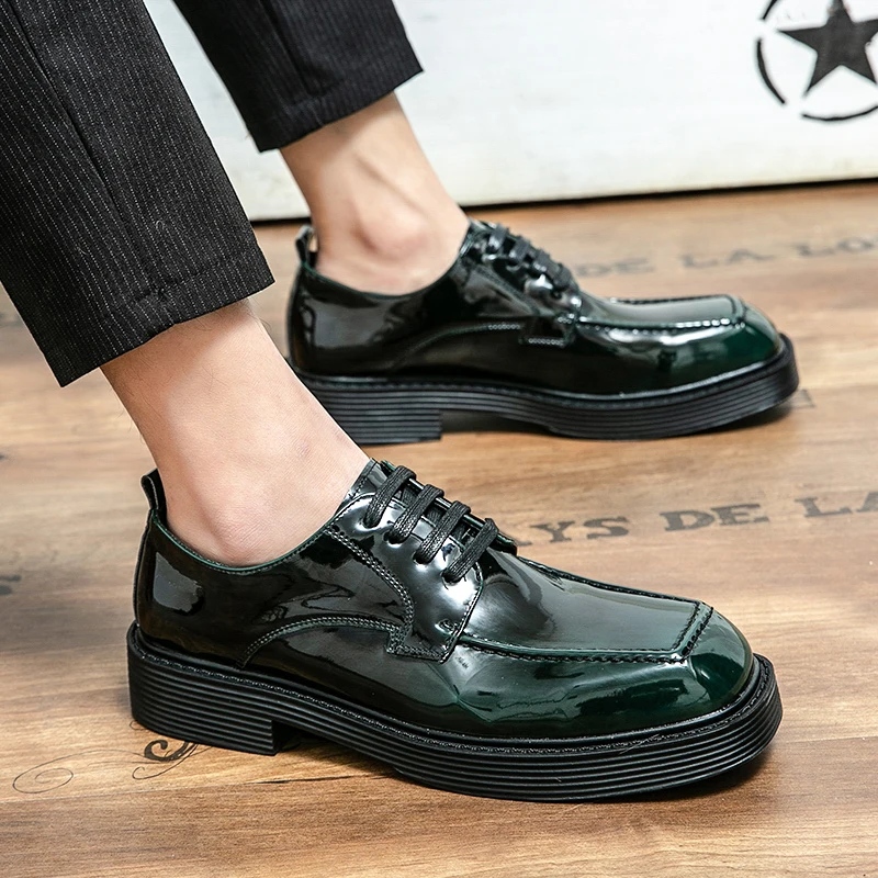 

Leather Platform Thick Soled Lace Up Oxfords High Quality Street Male Model Casual Loafers Mens Square Toe Formal Dress Shoes