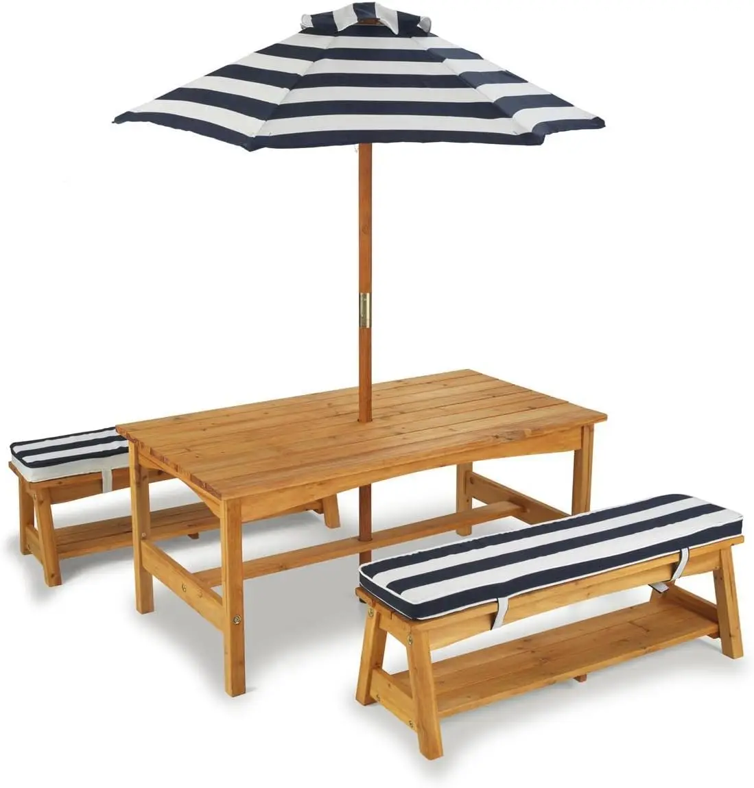 

Outdoor Wooden Table & Bench Set with Cushions and Umbrella, Kids Backyard Furniture, White Stripe Fabric