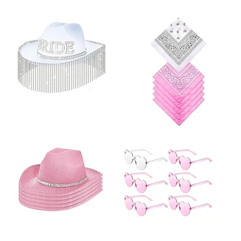 

18Pcs Cowboy Hat Cowgirl Hat Set with 6 Heart Glasses 6 Paisleys Bandannas Western Cowboy Costume Bachelorette Party