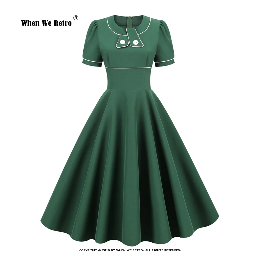 

Solid Retro Vintage Dress Short Sleeve Women Swing A Line Plus Size Dresses Button Front 50s 60s Hepburn Style Robe VD3321