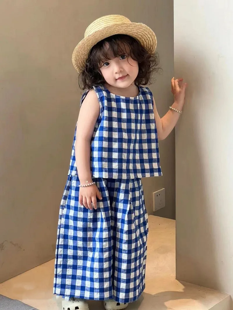 Summer Baby and Girls Cotton Plaid Sleeveless Single Button Shirt Tops + Crop Pant Sets Kids 2PCS Tracksuit Children Outfit 2-9 Yr kids clothing set girls clothing set