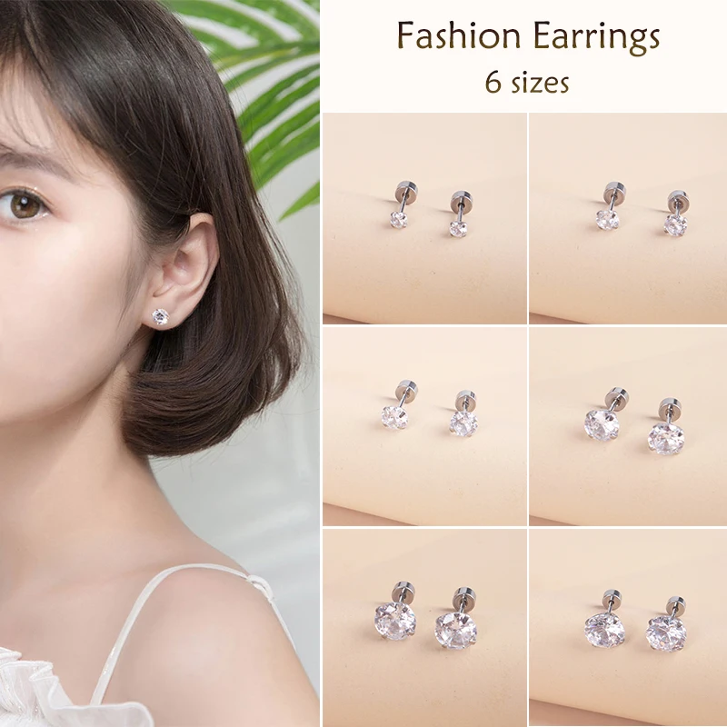 Fashion Classic Stainless Steel Stud Earrings Zircon Crystal Studs