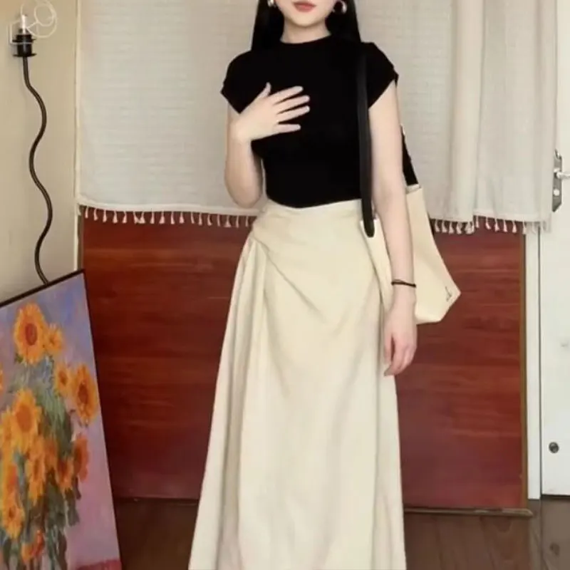 우아한 패션 하라주쿠 슬림핏 여성 의류, 루즈 캐주얼, 올 매치 솔리드 반팔 상의, 하이 웨이스트 스커트, 투피스 세트