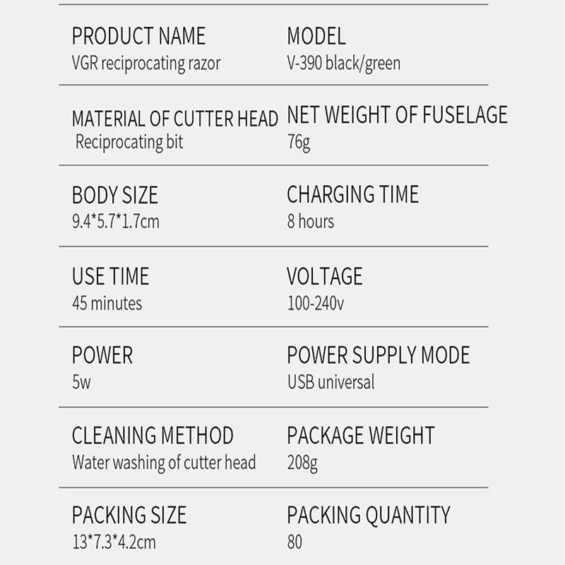 VGR V-390 Electric Shaver Reciprocating Shaving Machine Portable USB Charge Shave Trimmer Professional Beard Razor VGR 390 2