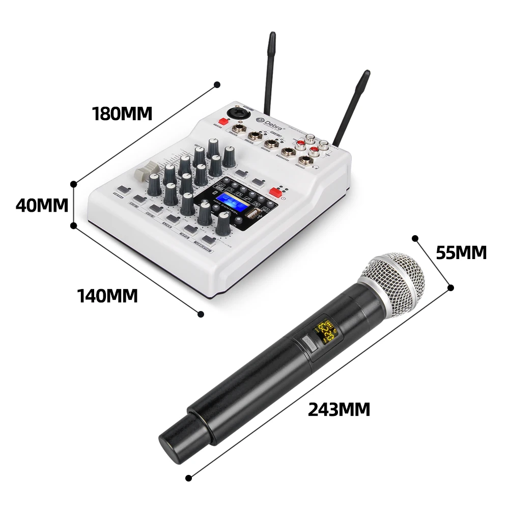 Audio MM-02  DJ Mixer Console With UHF 2  Wireless Microphones with 48V Phantom