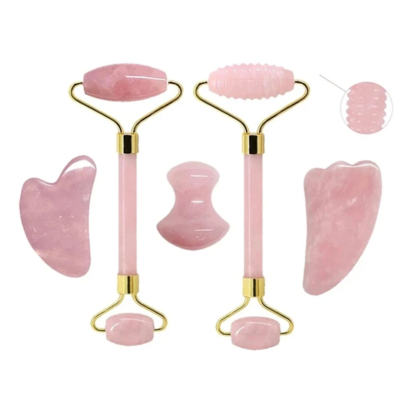 Natural Jade Roller Gua Sha Set Rose Quartz Gouache Scraper Face Massage Roller Gouache Stone Skin Care Beauty Tools