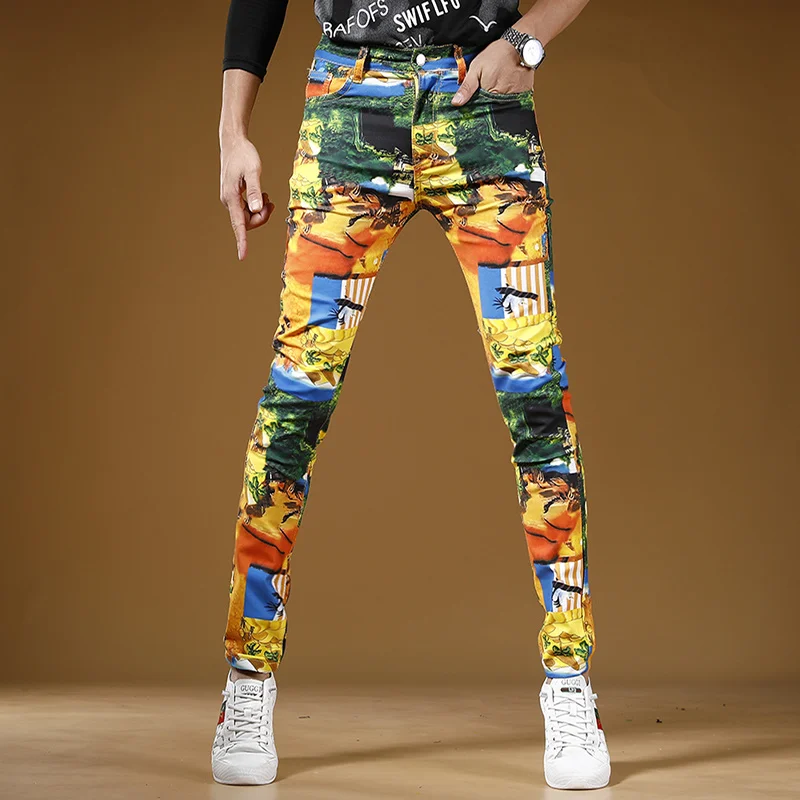 

Digital Printing Men Jeans Mens Casual Pants Ancient Desert City Printed Cotton Slim Fit Straight Denim Trousers