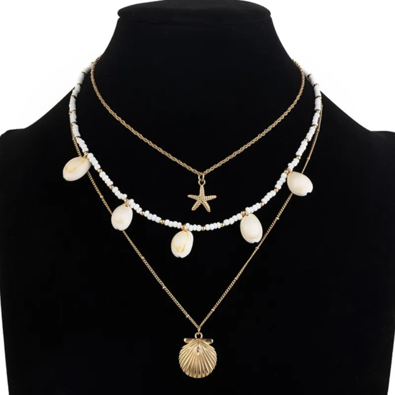 Multi Layered Pearl Shell Starfish Necklace for Women Elegant Lady Handmade Summer Vocation No Rusting Chain Necklaces Jewelry