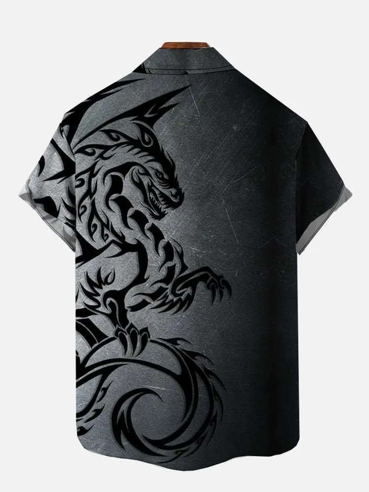 Black Gradient Mythical Beast Dragon Totem Printing Short Sleeve Shirt Short-sleeved Floral Shirt 2024 Casual Loose Shirt 2