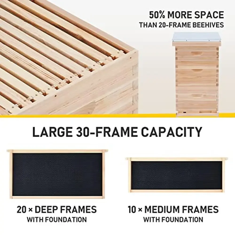 Langstroth Beehive Bee House 30-Frame Bee Hive Boxes Starter Kit with 10 Medium & 20 Deep Frames & Foundations Durable Fir Wood