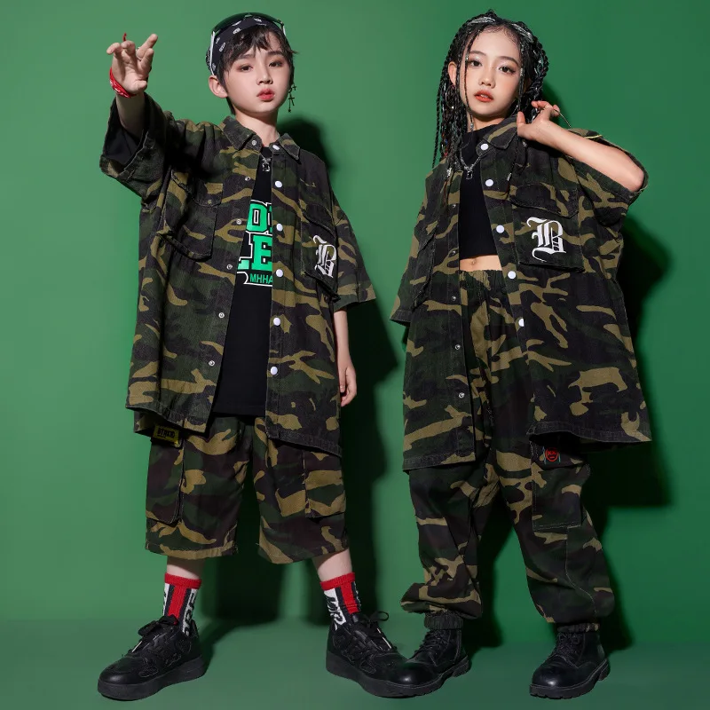 Kids Hip Hop Clothing Army green Suit for Girls Boys Jazz Dance Costume Retro Clothes