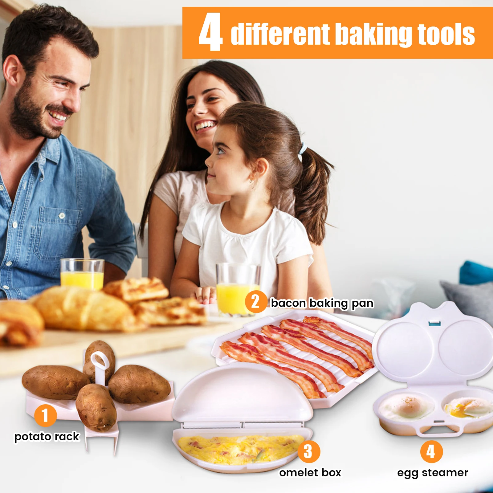 4Pcs Microwave Cooking Set Oven Cookware Set with Bacon Baking Plate Egg Steamer Fried Egg Box Potato Rack BPA Free for Kitchen