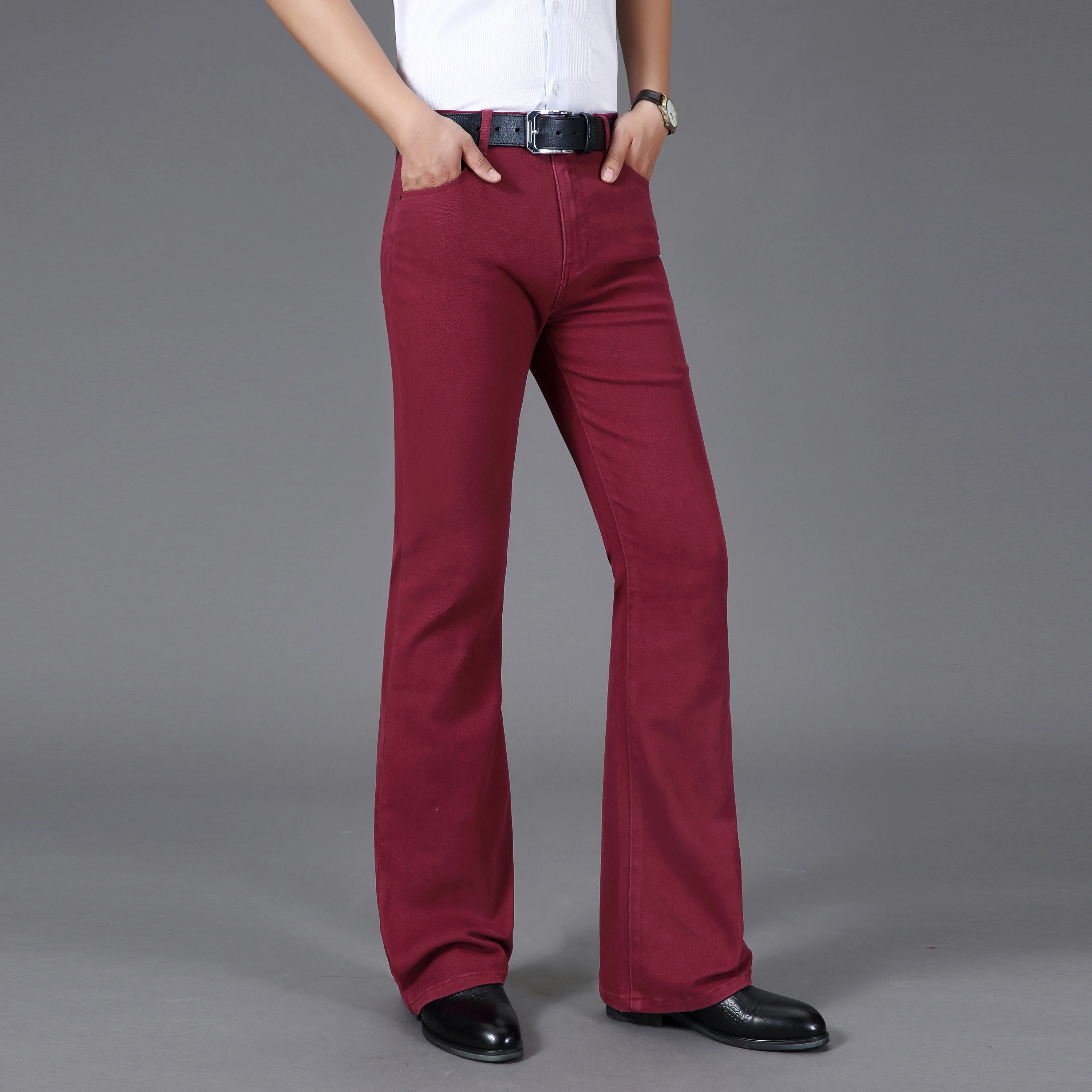 2024 Men's Business Casual Pants Mid Waist Elastic Slim Boot Cut Semi-Flared Four Seasons Bell Bottom Jeans 26-38 5