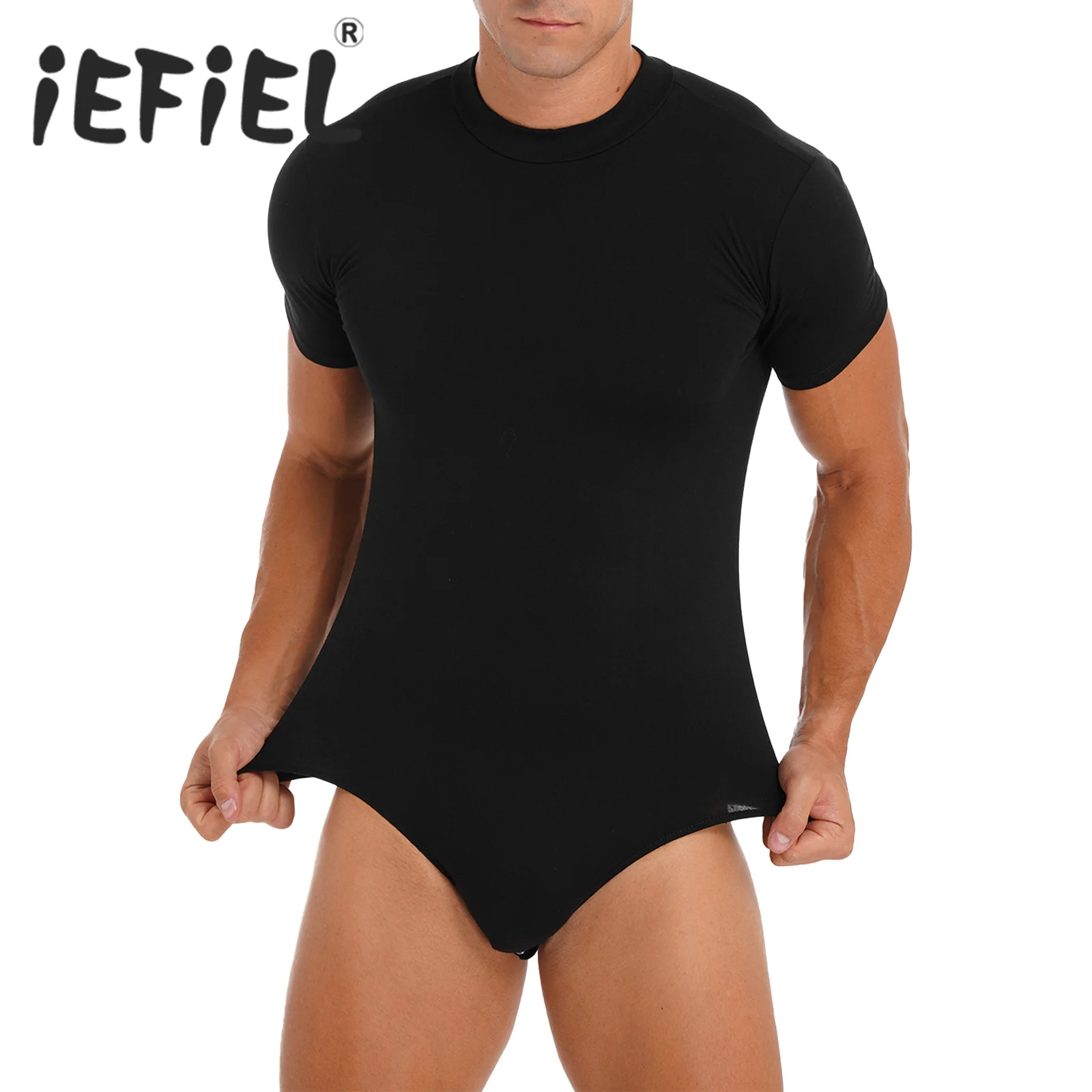 Men Bodysuits Short Sleeve Crew Neck Leotard Undershirt Press Button Crotch Sleepwear Daily Skinny Jumpsuit Clubwear Party