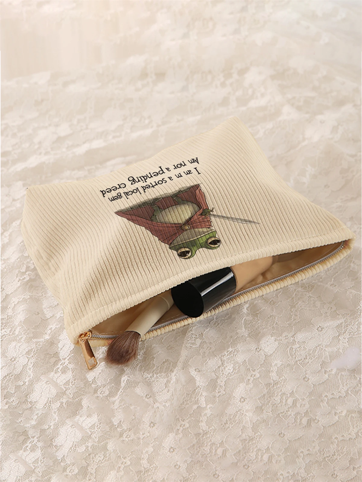 1 cartoon frog pattern printed corduroy makeup bag, lightweight zipper makeup storage box, multifunctional bag with lining
