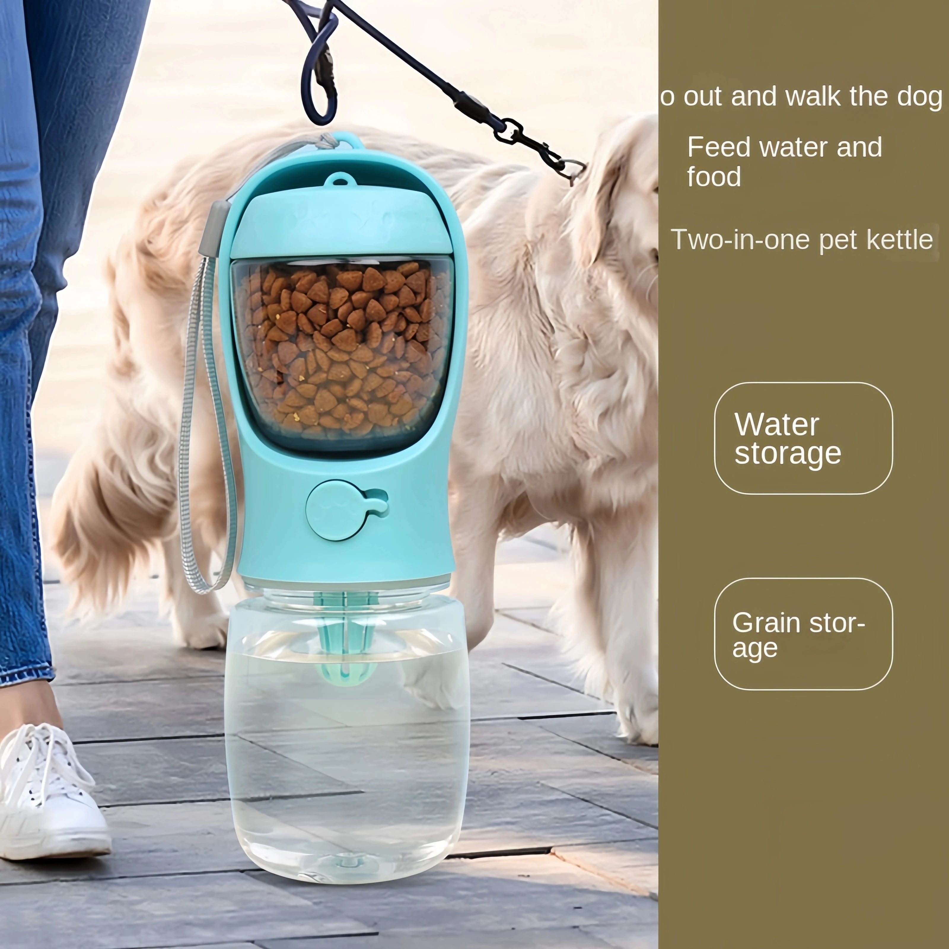 Botella de agua portátil para perros y gatos con compartimento para comida y agua.Perfecto para viajes y actividades al aire libre.
