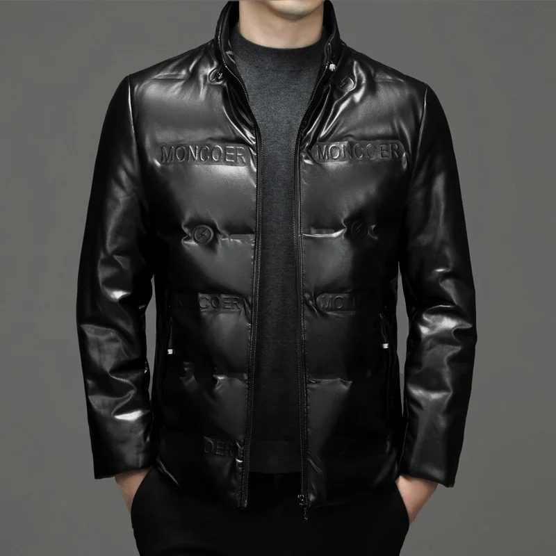 

Leather Jacket 2023 New Winter Men's PU Leather down Jacket Casual Thickening White Duck down Warm Stand Collar Coat for Men