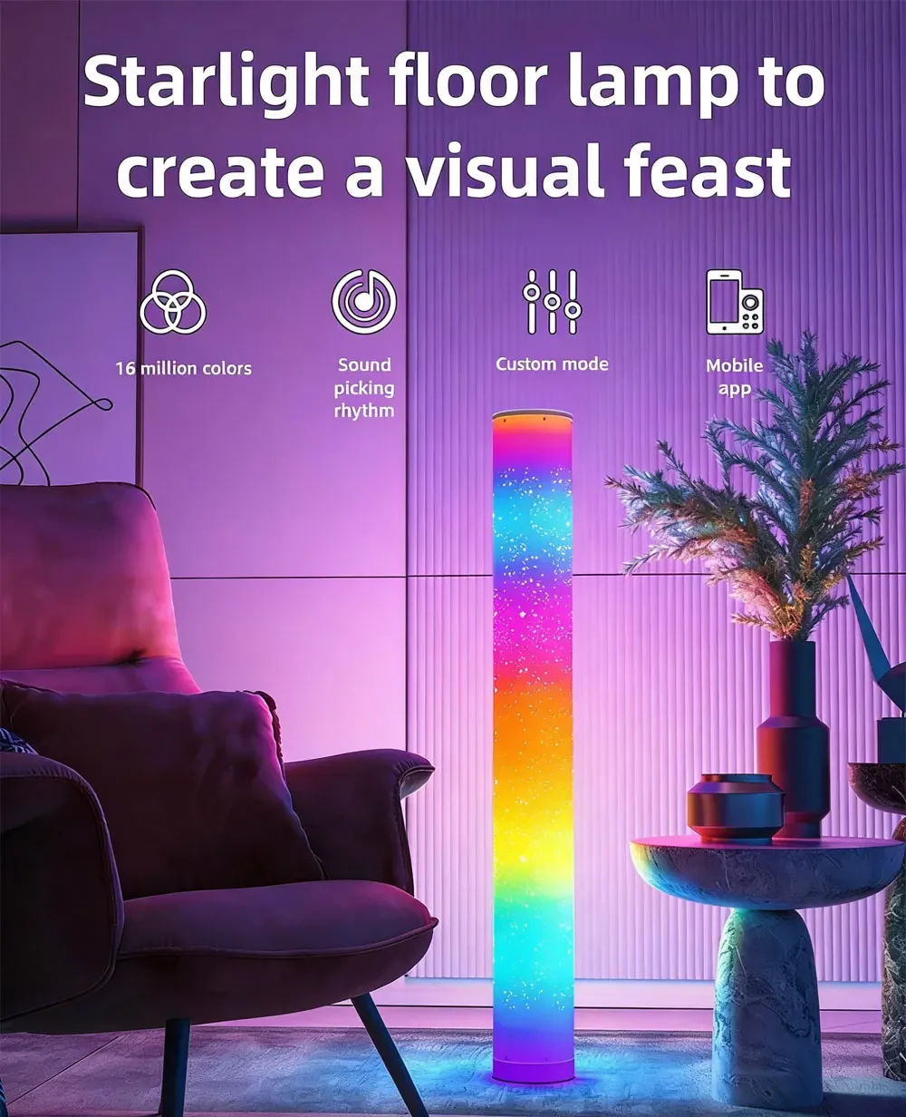 Smart RGB LED Floor Lamp Ambient Light with App & Remote Control – 180°/360° Color Changing, Multi-Shape Modern Lighting for Living Room