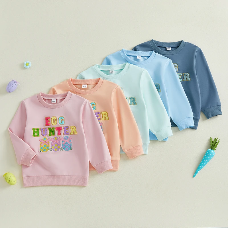 Lioraitiin Kids Girls Boys Sweatshirts Easter Clothes Letter Easter Eggs Embroidery Long Sleeve Pullovers Spring Clothes Tops