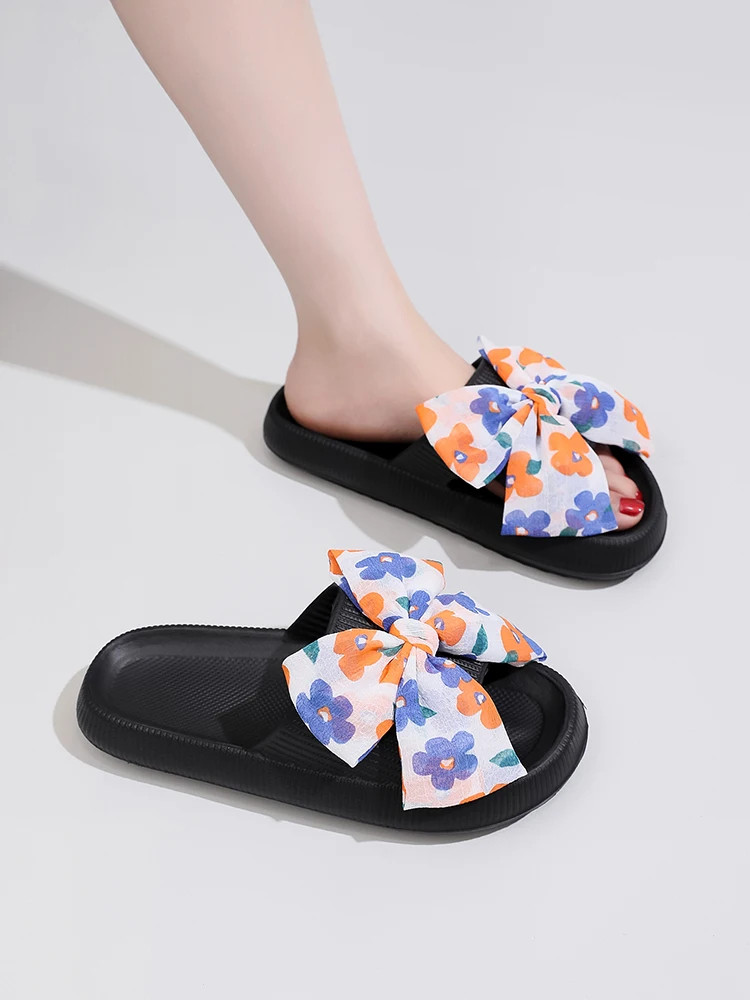 

2023 Women Slippers Summer Contrast Color Beach Travel Antiskid Cloud Slippers Handmade DIY Black Floret Bow Thick Lady Slides