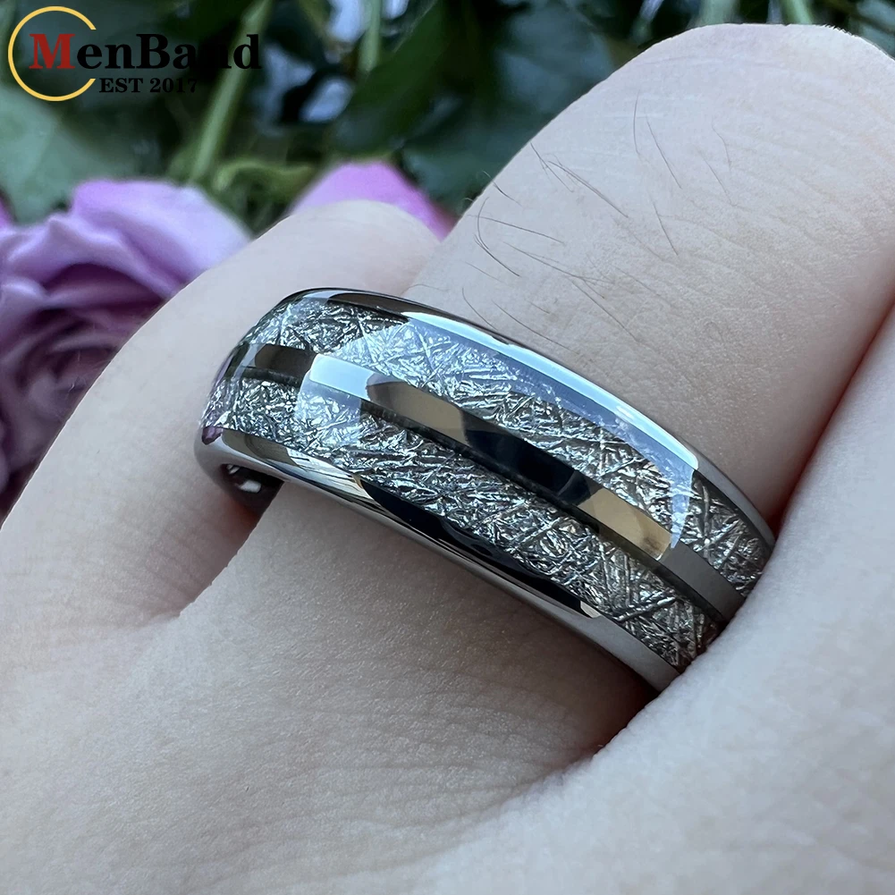 MenBand Fashion 8MM Men And Women Tungsten Wedding Band Ring With Double Groove White Meteorite Inlay Comfort Fit Size 6-15