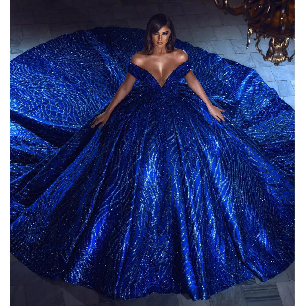 Sparking Royal Blue Wedding Dress Sweetheart Cap Sleeves Bridal Gowns Custom Made Sequined Shiny Chapel Train Vestido de novia