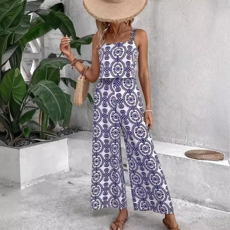 2024 Summer Women's Casual Clothes Print Square Neck Strap Top & Wide Leg Pants Set Temperament  Female Fashion Trousers Outfits