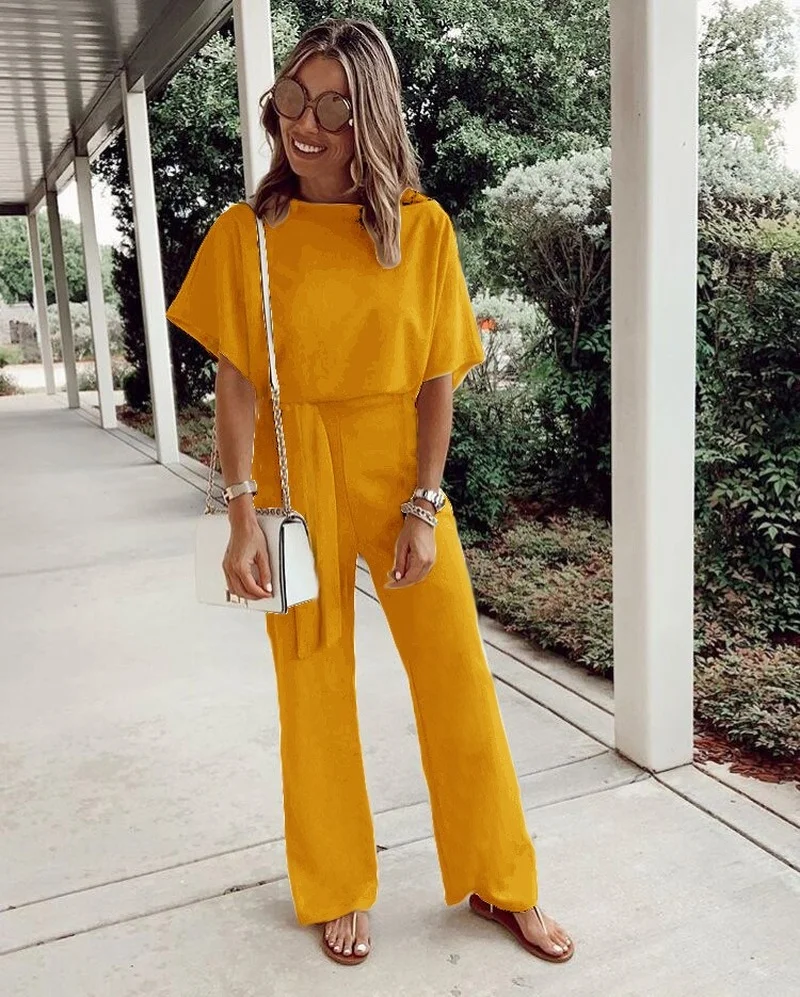 2023 New Loose Casual Lace Up Short Sleeves Jumpsuits Women Summer Solid Color Pockets Mature Wide Leg Pants Rompers OL Female 2 pcs set men tracksuit set short sleeves pockets summer top shorts suit