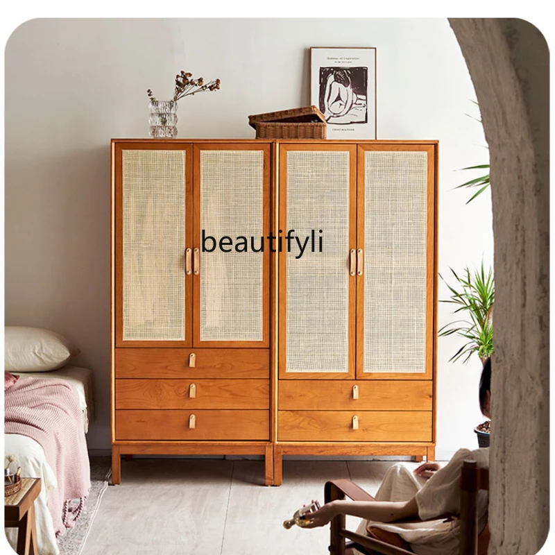 

Japanese-Style Retro Solid Wood Wardrobe Modern Simple Storage Locker Home Rattan Wardrobe