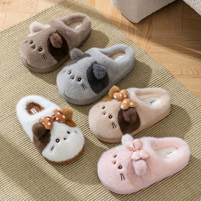 Cartoon Cat Cotton Slippers for Women Cute Pink Fluffy Indoor Women's Home Slippers Winter 2025 Thick Sole Anti Slip Shoes Woman