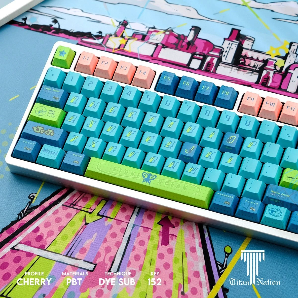 

JoJo Stone Ocean Cherry Keycap Comic Two-Dimensional Animation Blue 152-Key PBT Full Sublimation For Mechanical Keyboard Keycap
