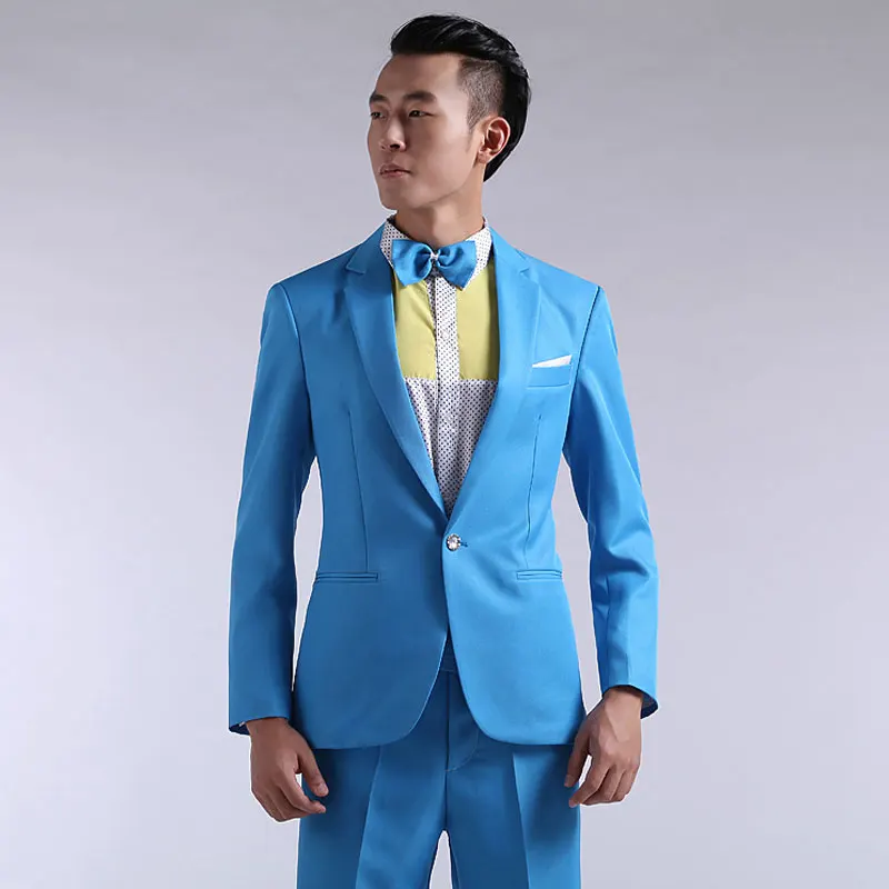 Mens Suit New Long-sleeved Men's Suits Pants Hosted Theatrical Tuxedos Wedding Prom Male Red Yellow Blue Formal Regular Clothes