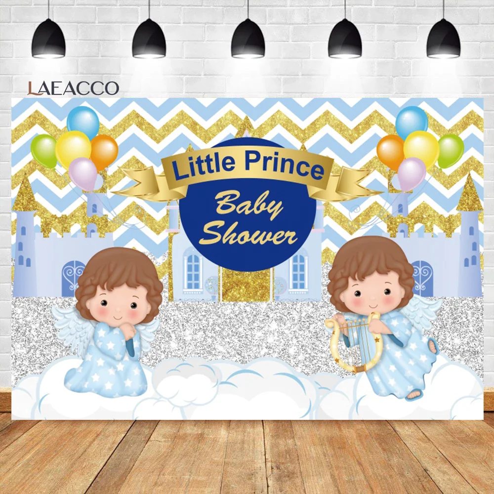 

Laeacco Little Prince Baby Shower Backdrop Blue Castle Balloon Cloud Kids Birthday Customized Portrait Photography Background
