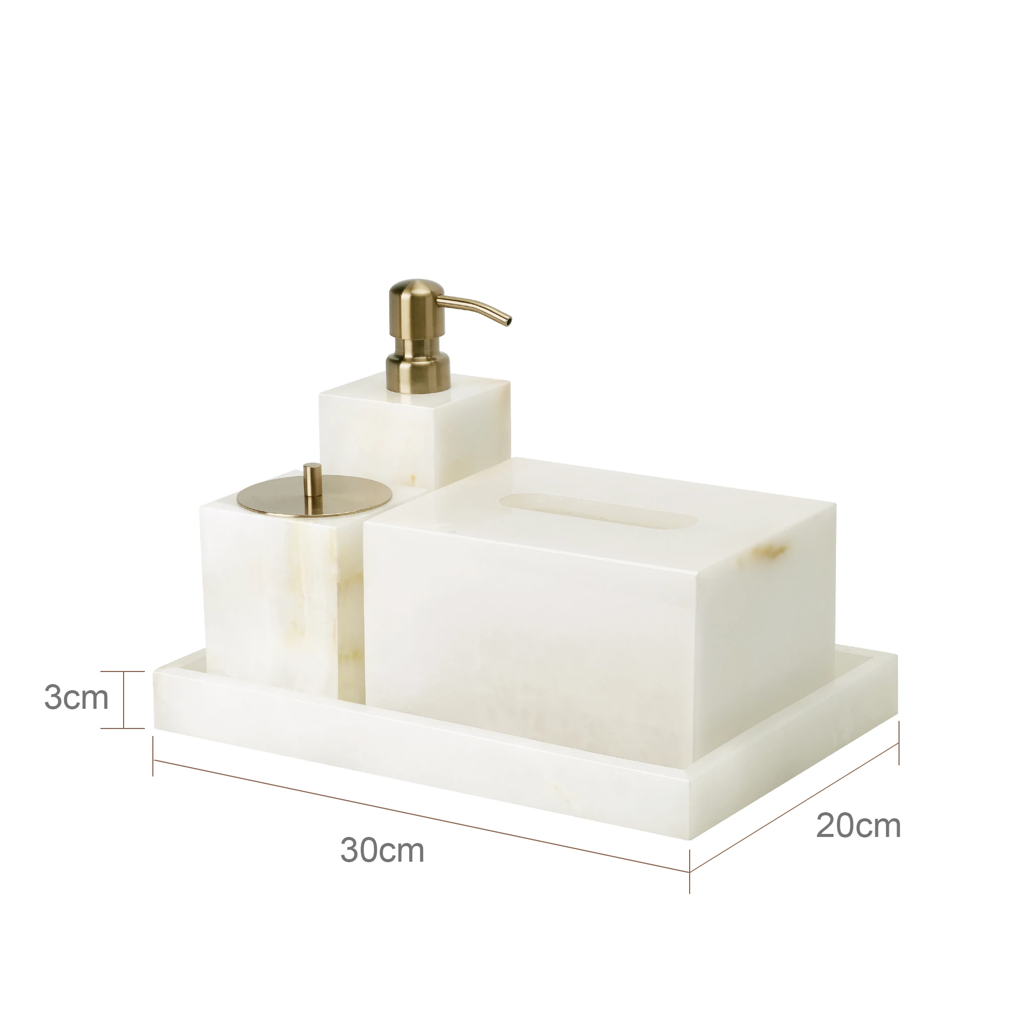 Bathroom set items arranged on vanity