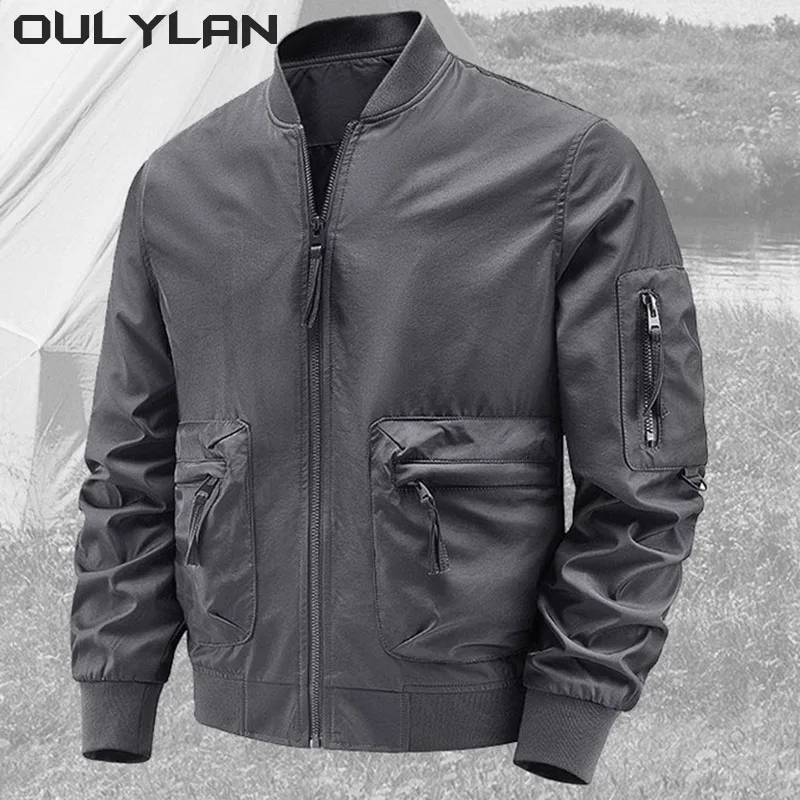 

Oulylan Men's Fashion Pilot Jacket Waterproof Military Tactical Jacket Long Sleeve Solid Color Front Zipper Casual Menswear