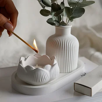 3pcs Silicone Mold Vases, Oval Coasters, 3D Lotus Mold, Storage Box, Candle Mold, European Gypsum Tray Mold 1