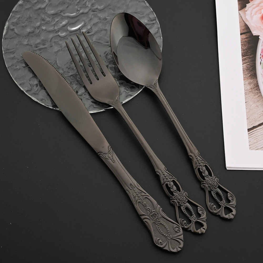 Western Black Stainless Steel Royal Dinnerware Cutlery Set Dinnerware Food Tableware Knife Fork Spoon Ice Spoon Flatware Gift