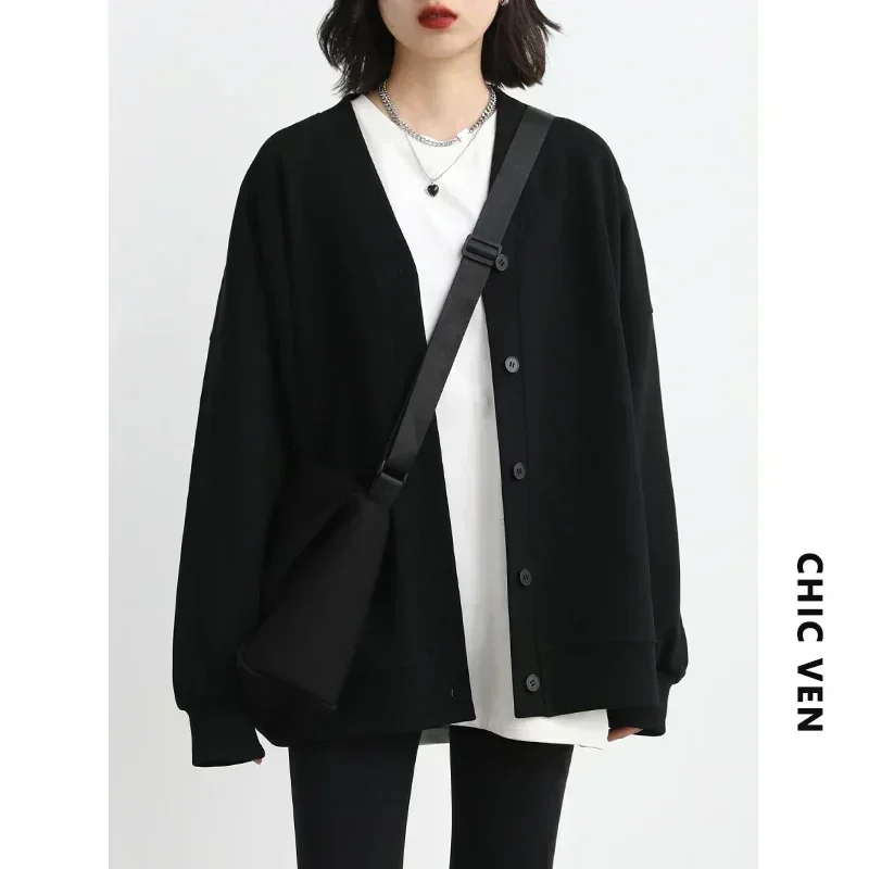 CHIC VEN 한국 가을 겨울 여성 스포츠 코트 캐주얼 느슨한 v 넥 스웨터 여성용 두꺼운 따뜻한 탑 Office Lady 여성