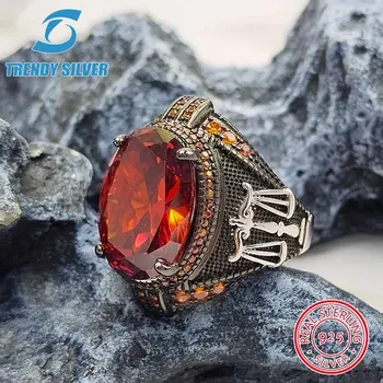 luxury Mens Man rings real 925 sterling silver certified original jewelry for men  RED  stone ring male