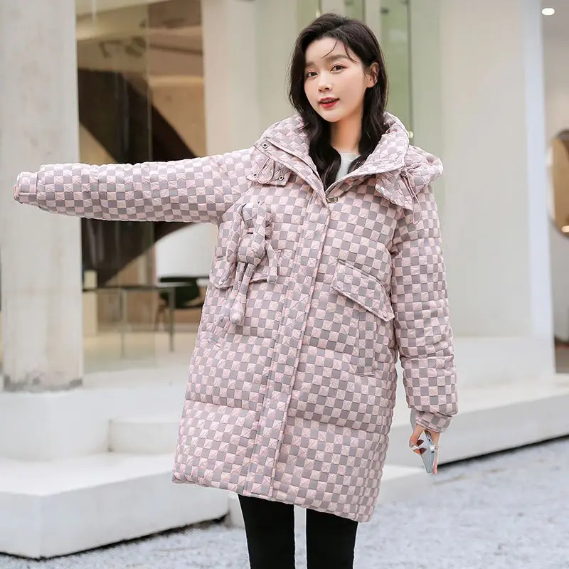 Winter Warm Clothes for Women Long Hooded Down Jacket White Duck Down Chessboard Grid Mid Length Korea Winter Women's Cold Coat