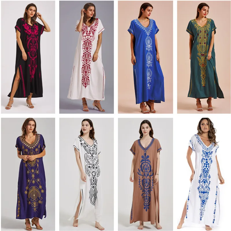 Swimsuit Cover Ups Embroidery V Neck Short Sleeve Swim Cover Up for Women Kaftan Dresses 2