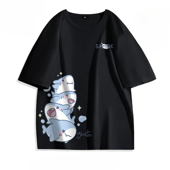 Summer Ice Silk Blue Top Youth Breathable Half Sleeve Large Loose Tee Men's Cute Shark Cartoon Print Short Sleeve T-shirt 1