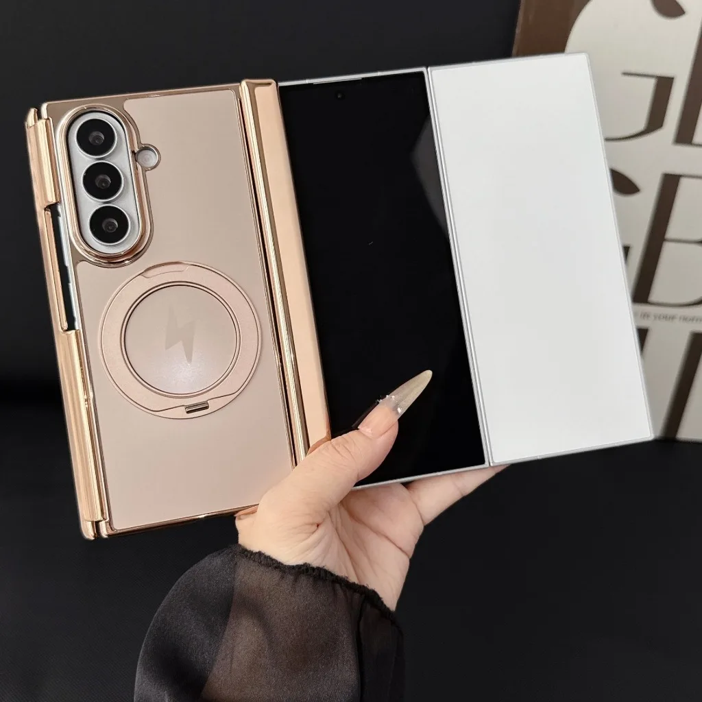 Electroplated TriFold Phone Case with 360° Ring Kickstand and Magnetic Hinge Protection