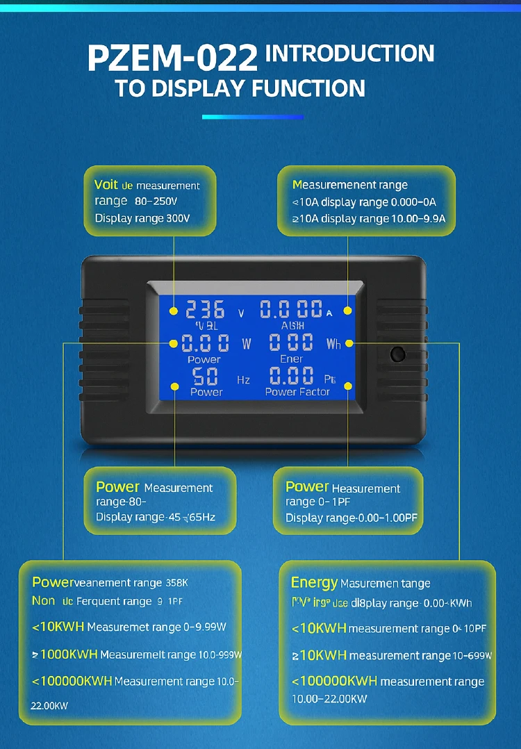 PZEM-022 English Ver. AC Digital Multi-Functional Power Monitor LCD Display AC 8